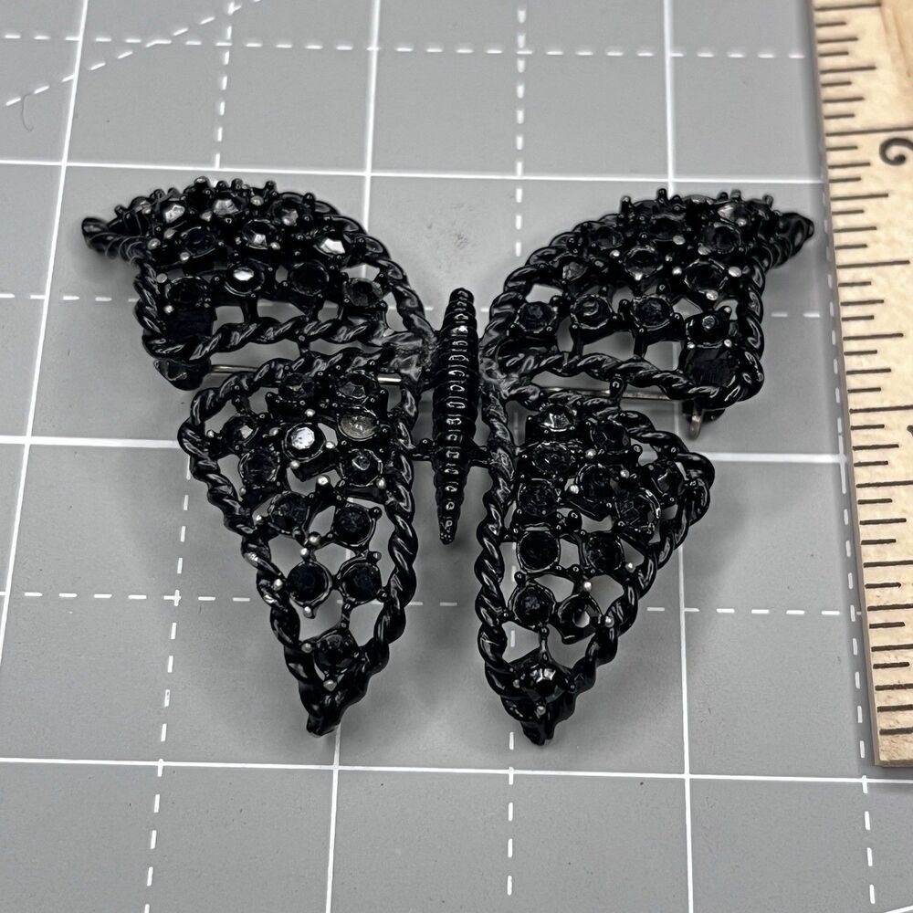 Vintage Black Rhinestone Butterfly Brooch